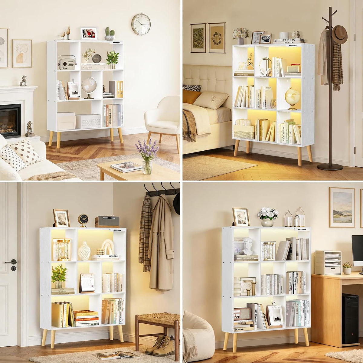 7-Cube Bookshelf with LED Lights, Touch & Remote Control, Freestanding Open Bookcase Storage Shelf, Dimmable Modern Wooden Display Organizer with Legs for Living Room, Bedroom, Office(White)