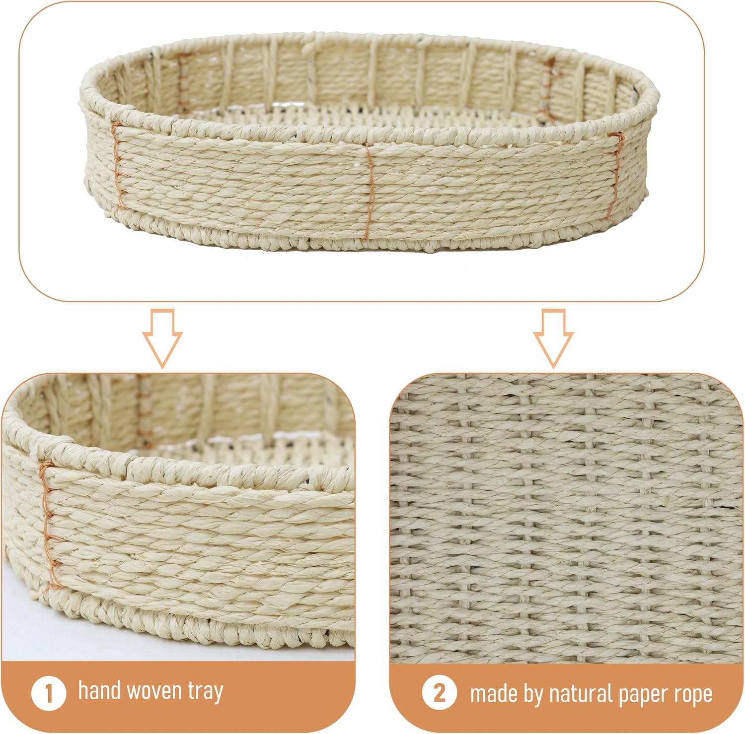 3-Tier Seagrass Woven Side Table, Oval Storage Basket with Trays,Farmhouse Coastal End Table for Living Room, Kitchen, Balcony,Foldable Shelves (Natural)