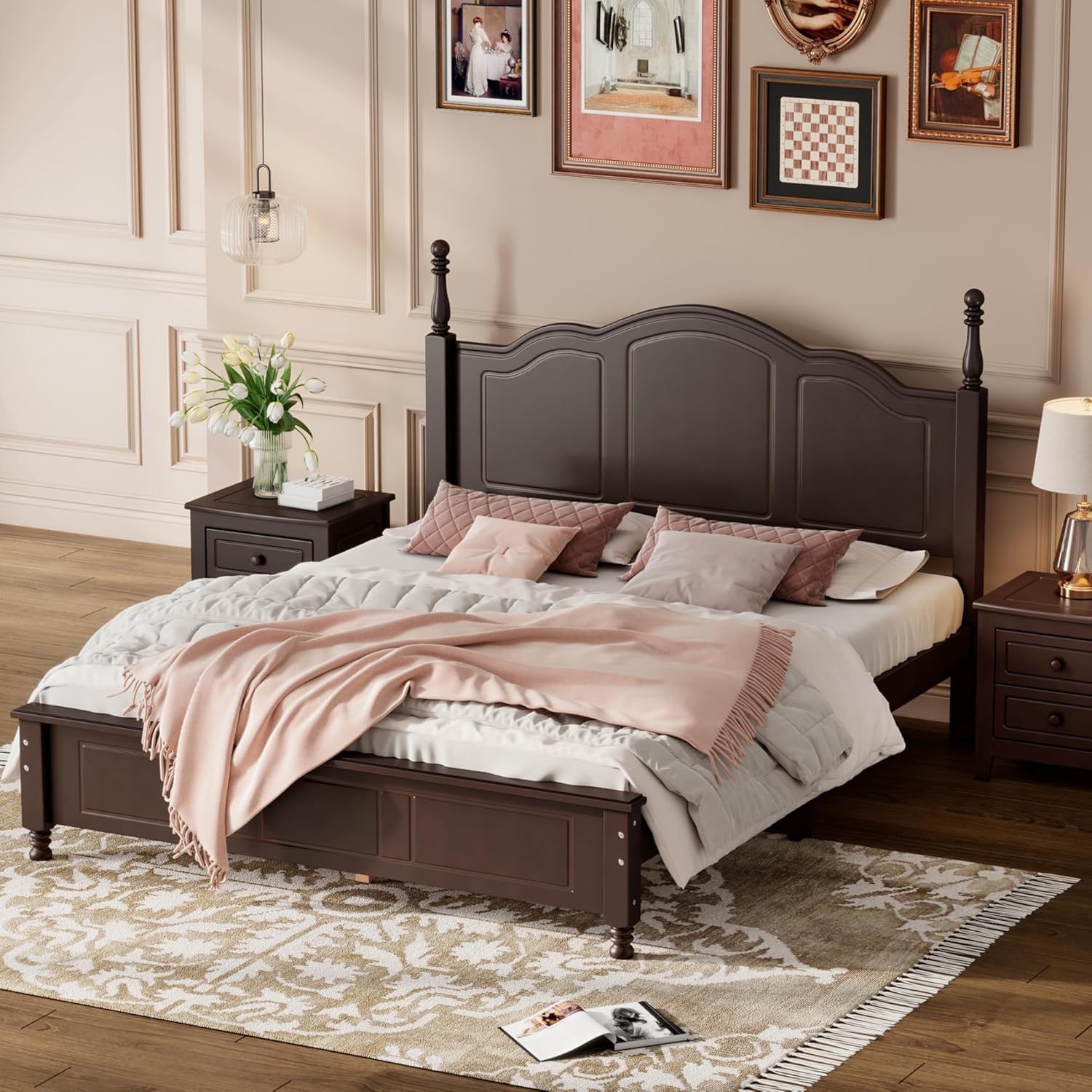 Dark Walnut Wood Bed Frame Queen Size with Wave Shaped Headboard