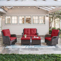 Belord 5 Piece Wicker Patio Furniture Set, Outdoor Swivel Rocker Chairs Set of 2 with Ottomans and Loveseat, All Weather Patio Conversation Furniture Set, for Porch Pool, Brown Wicker/Red