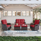 Belord 5 Piece Wicker Patio Furniture Set, Outdoor Swivel Rocker Chairs Set of 2 with Ottomans and Loveseat, All Weather Patio Conversation Furniture Set, for Porch Pool, Brown Wicker/Red
