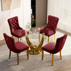 38.9 Inch Round Glass Dining Table Set for 4, Golden Round Kitchen Table with 4 Upholstered Velvet Accent Chairs, 5 Piece Modern Dining Room Set, for Home, Apartment, Kitchen - Red Chairs