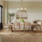 Nathan James Cove Boho Solid Wood Dining Chair with Woven Seagrass Back and Upholstered Seat, Flax/Light Brown Set of 6