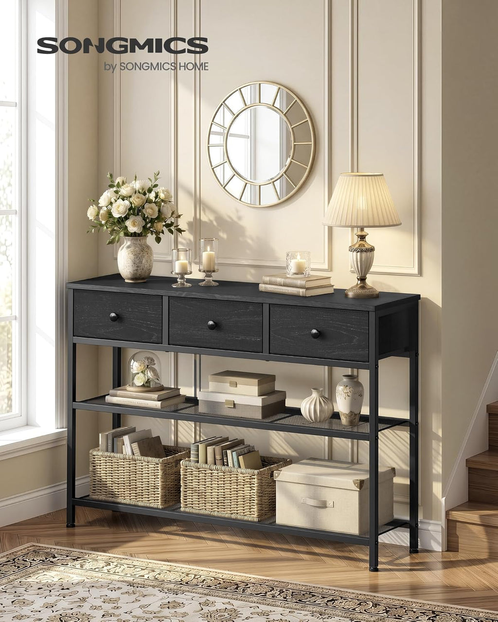 SONGMICS Console Table, Narrow Sofa Table with 2 Mesh Shelves for Entryway, Living Room, 11.8 x 38.9 x 31 Inches, 3 Fabric Drawers, Ebony Black, BELLAH Collection ULGS098B201