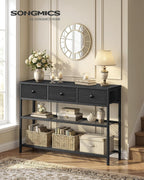 SONGMICS Console Table, Narrow Sofa Table with 2 Mesh Shelves for Entryway, Living Room, 11.8 x 38.9 x 31 Inches, 3 Fabric Drawers, Ebony Black, BELLAH Collection ULGS098B201