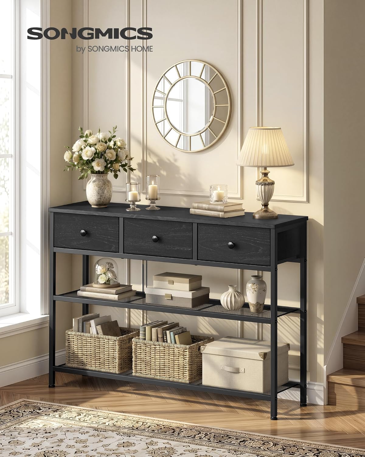 SONGMICS Console Table, Narrow Sofa Table with 2 Mesh Shelves for Entryway, Living Room, 11.8 x 38.9 x 31 Inches, 3 Fabric Drawers, Ebony Black, BELLAH Collection ULGS098B201