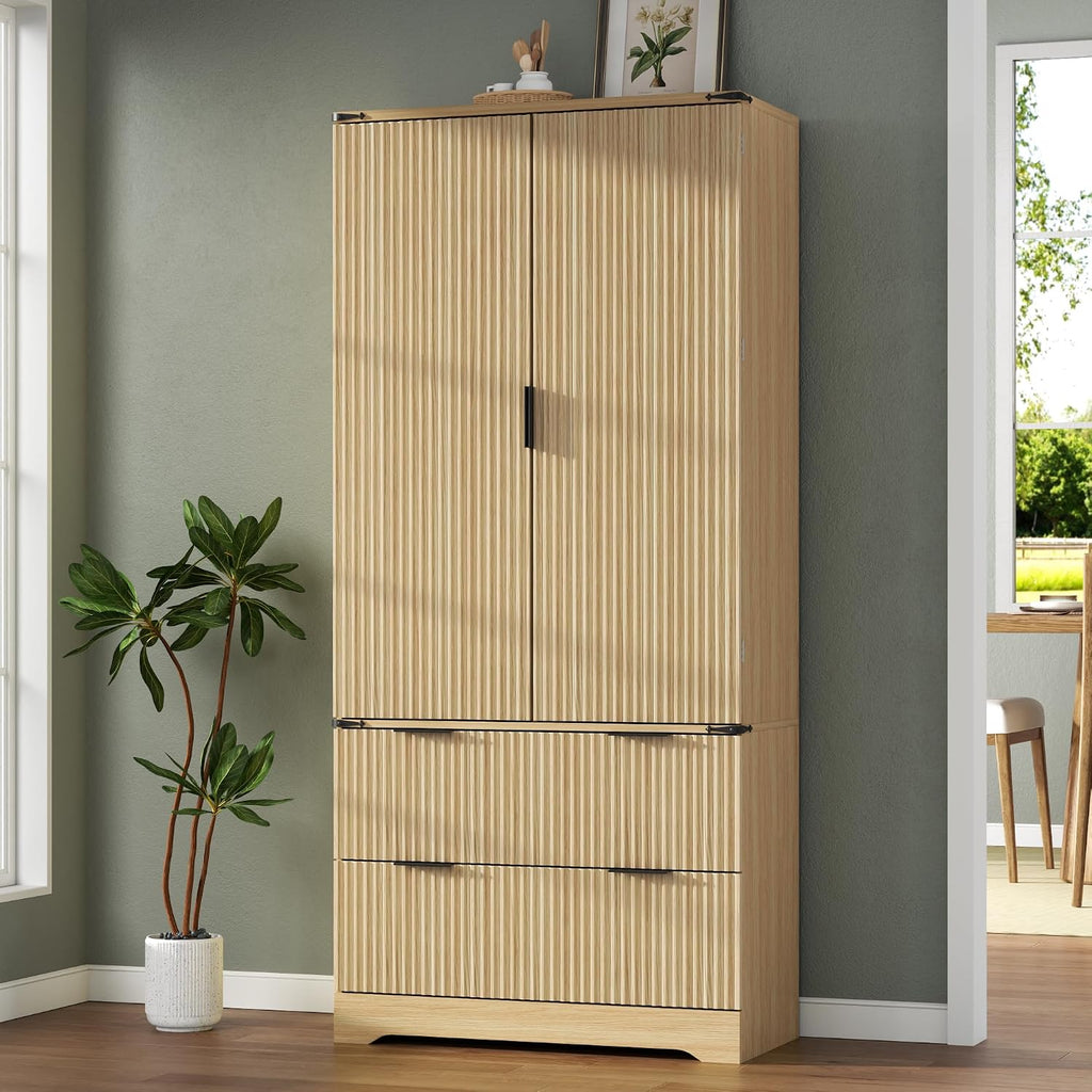Loomie 71" Tall Kitchen Pantry Cabinet, Modern Fluted Storage Cabinet w/2 Drawers, 5 Adjustable Shelves & 7 Door Shelves, Wine Bar Cabinet w/Wine Rack & Glass Holder, Cupboard for Kitchen (Natural)