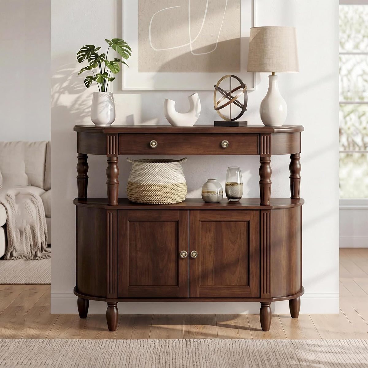 Curved Console Table with Solid Wood Legs, 47" Half Moon Sofa Table with Storage, Drawer & 2-Doors, Real Wood Veneer, Adjustable Shelf, Anti-Tip, Entryway Table for Living Room/Hallway,Walnut