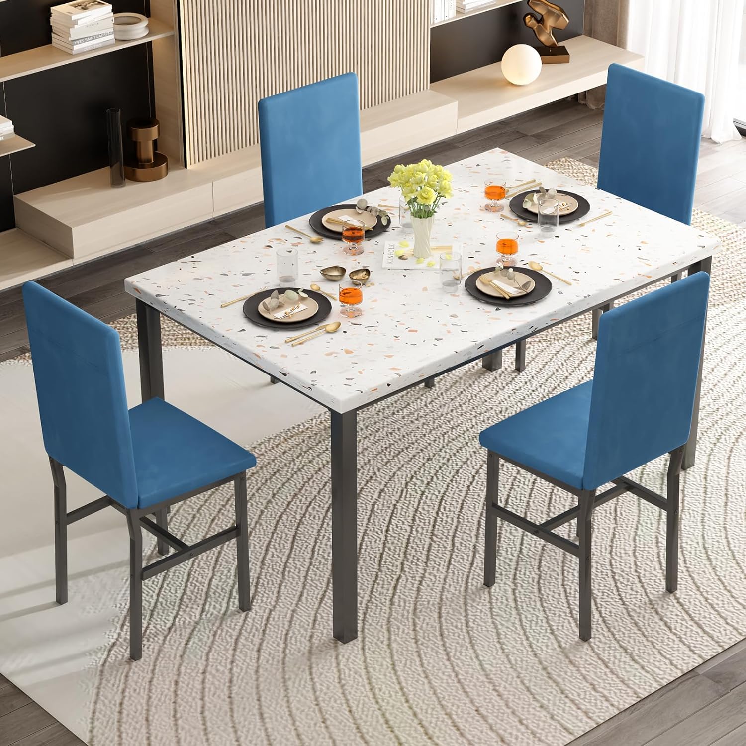 AWQM Dining Table Set for 4, Modern Faux Marble Dining Table Set with 4 Upholstered Velvet Chairs, Dining Room Table Set for Kitchen, Breakfast Nook, Dining Room, Blue