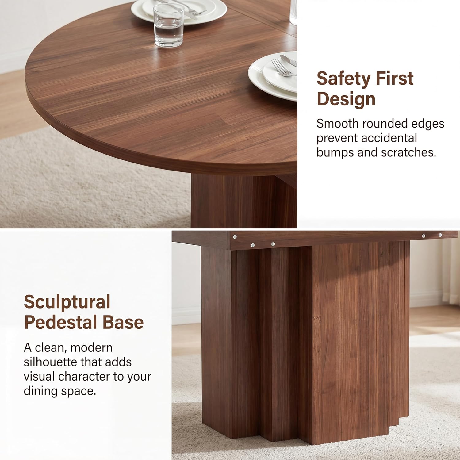 Extendable Round Dining Table, 45.3"-61" Space Saving Oval Kitchen Table with Self-Storing Butterfly Leaf, Modern Farmhouse Walnut Dining Room Table with Fluted Pedestal Base for 4-6 People