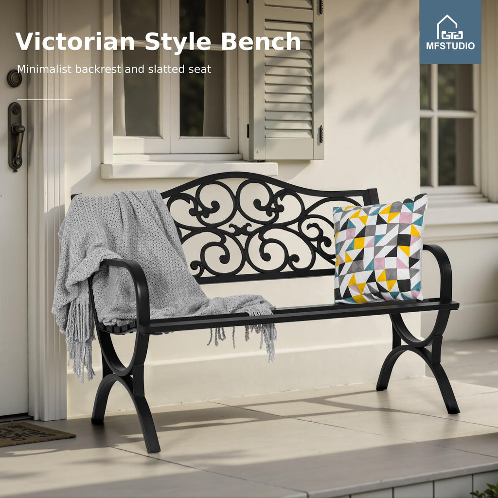 MFSTUDIO 50 Inches Outdoor Garden Bench Cast Iron Metal Frame, Floral Black