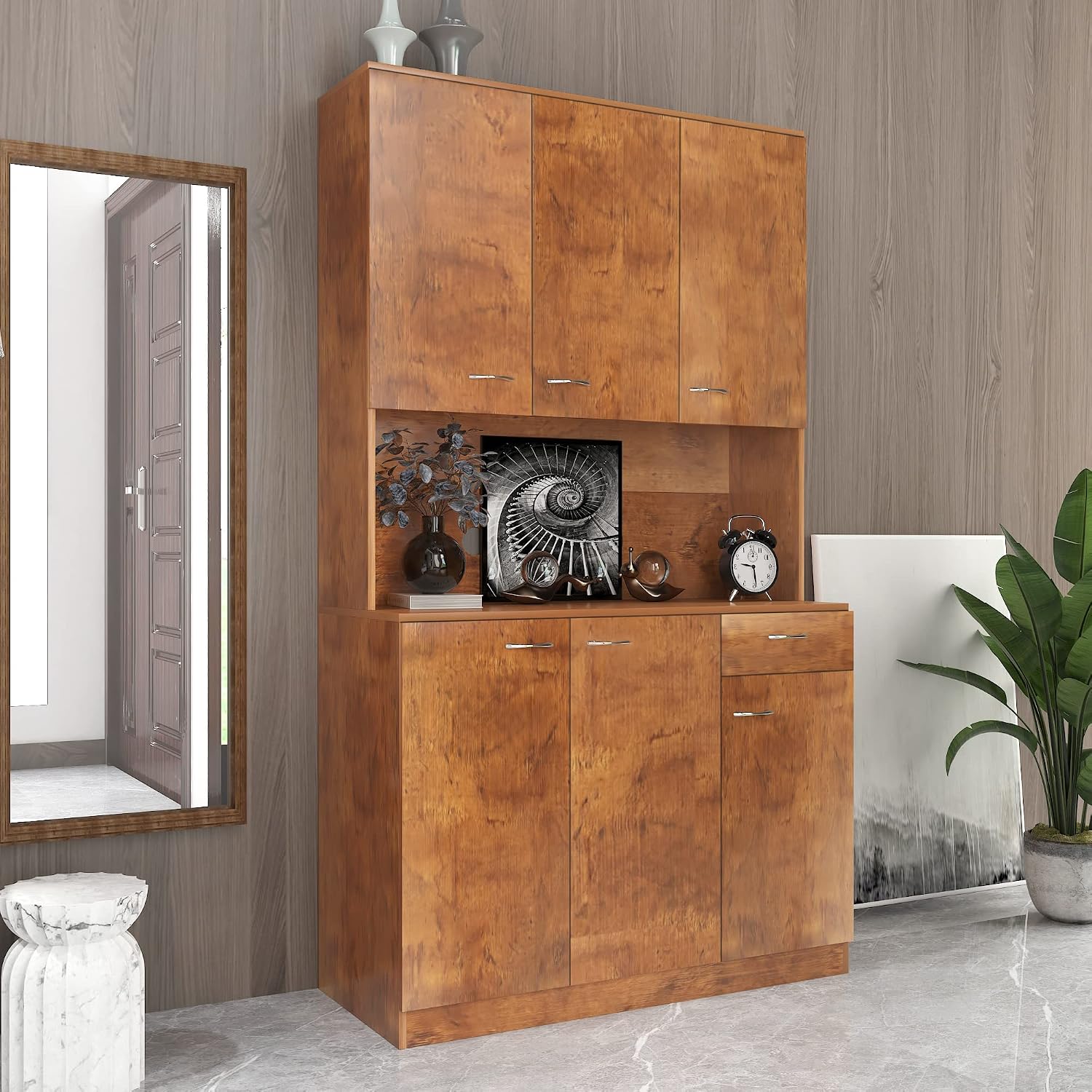 LUMISOL Pantry Sideboard, Solid Wood Kitchen Pantry Storage Cabinet, 70.87” Tall Sideboard with 6 Doors, 1 Open Shelves and 1 Drawers for Living Room, Kitchen, Dining Room, Brown