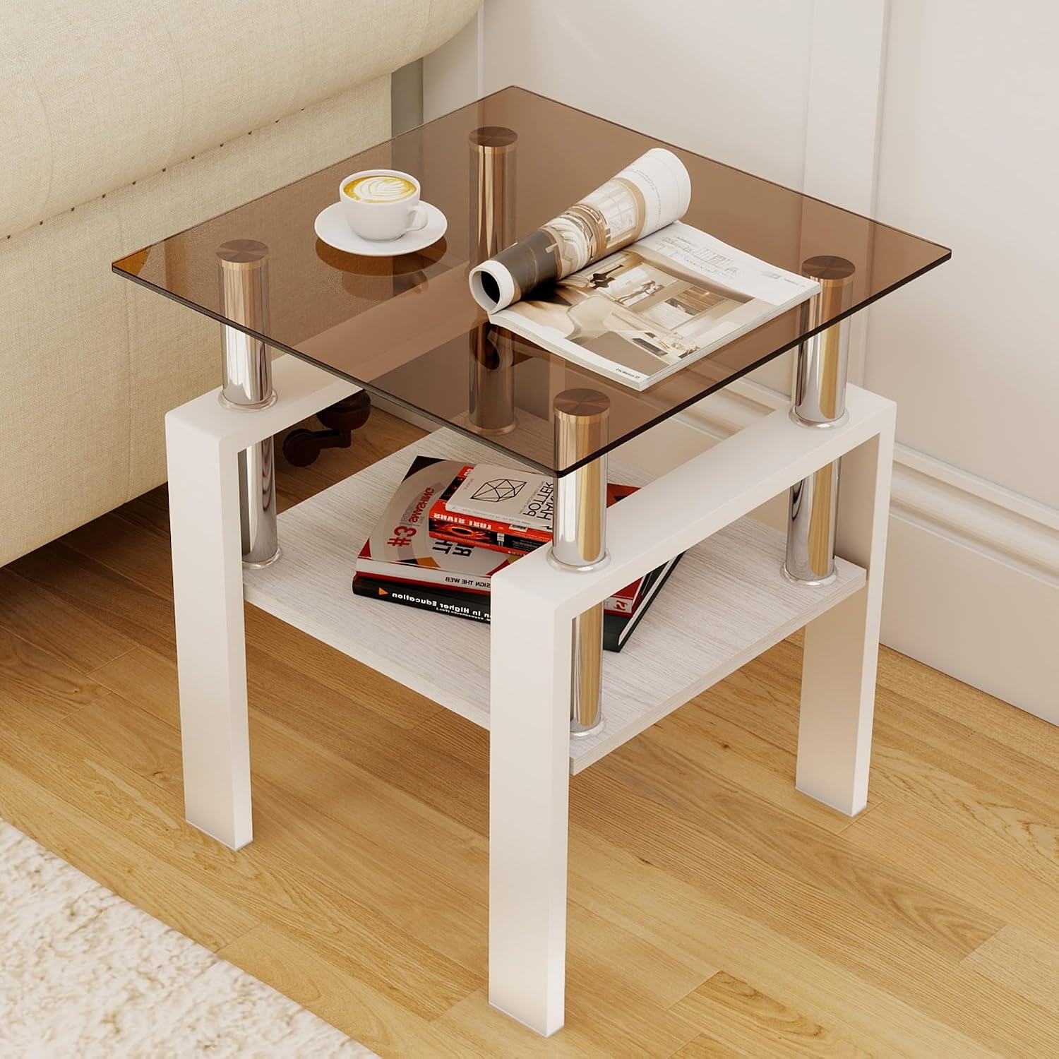 Set of 2 Glass End Table, 2-Layer Glass Living Room Table, Modern Tea Table Side Tables for Home Office Furniture