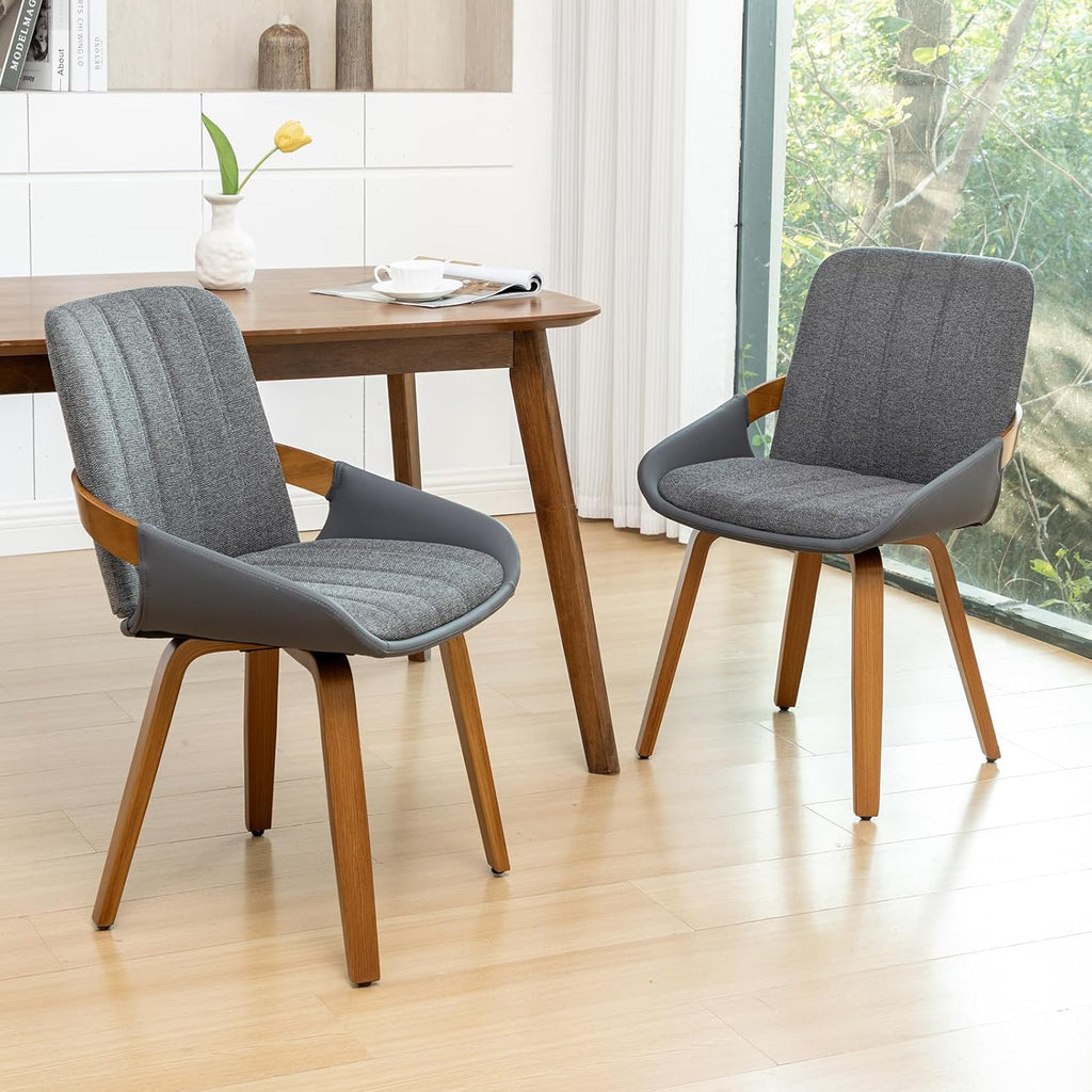 Dining Room Chairs Set of 2, Mid Century Modern Gray Fabric+Faux Leather Kitchen Chairs No Arms,Bamboo Legs Side Chairs No Wheels,Accent Chair for Dining Rooms