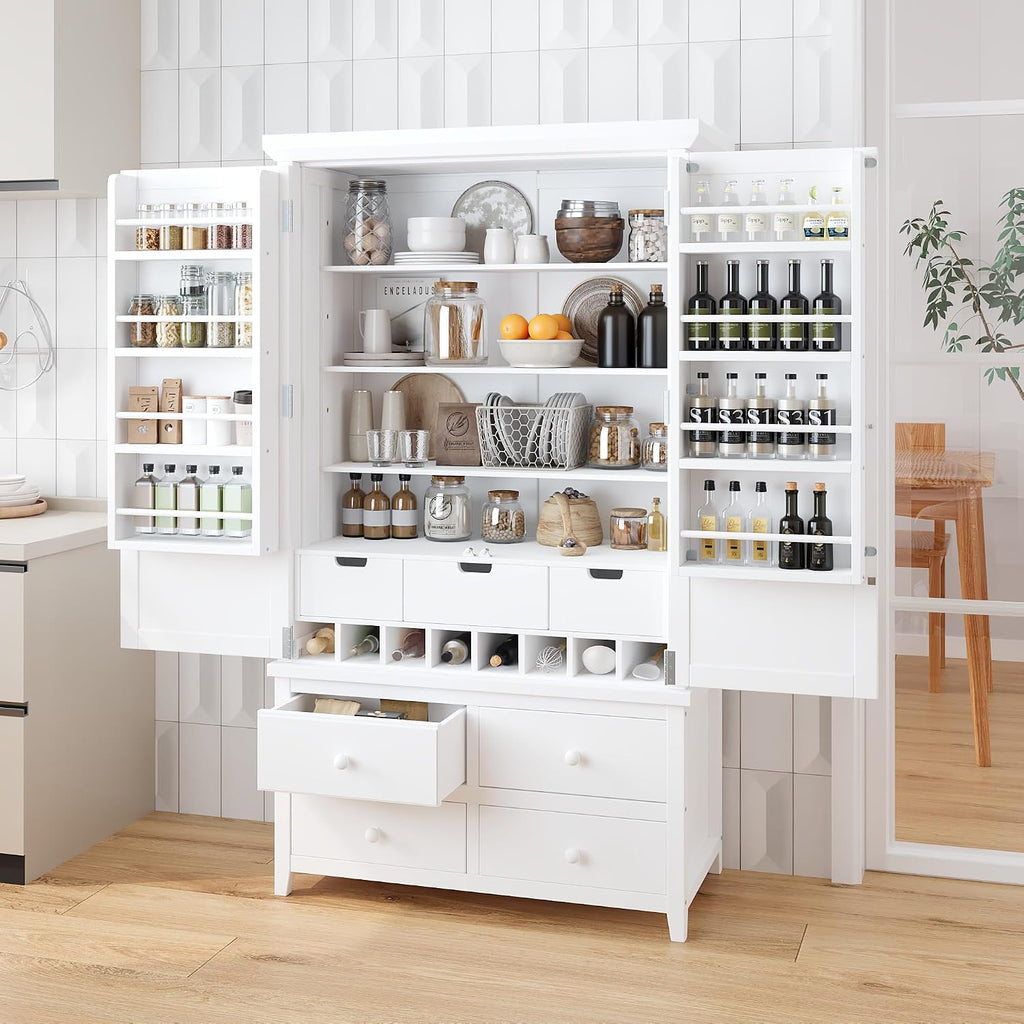 71.1" Tall Freestanding Kitchen Pantry Cabinet, Wooden Food Storage Cupboard with 7 Drawers, 8 Door Shelves, 3 Adjustable Shelves and 8 Wine Racks, Multi-Use Storage Cabinet,White