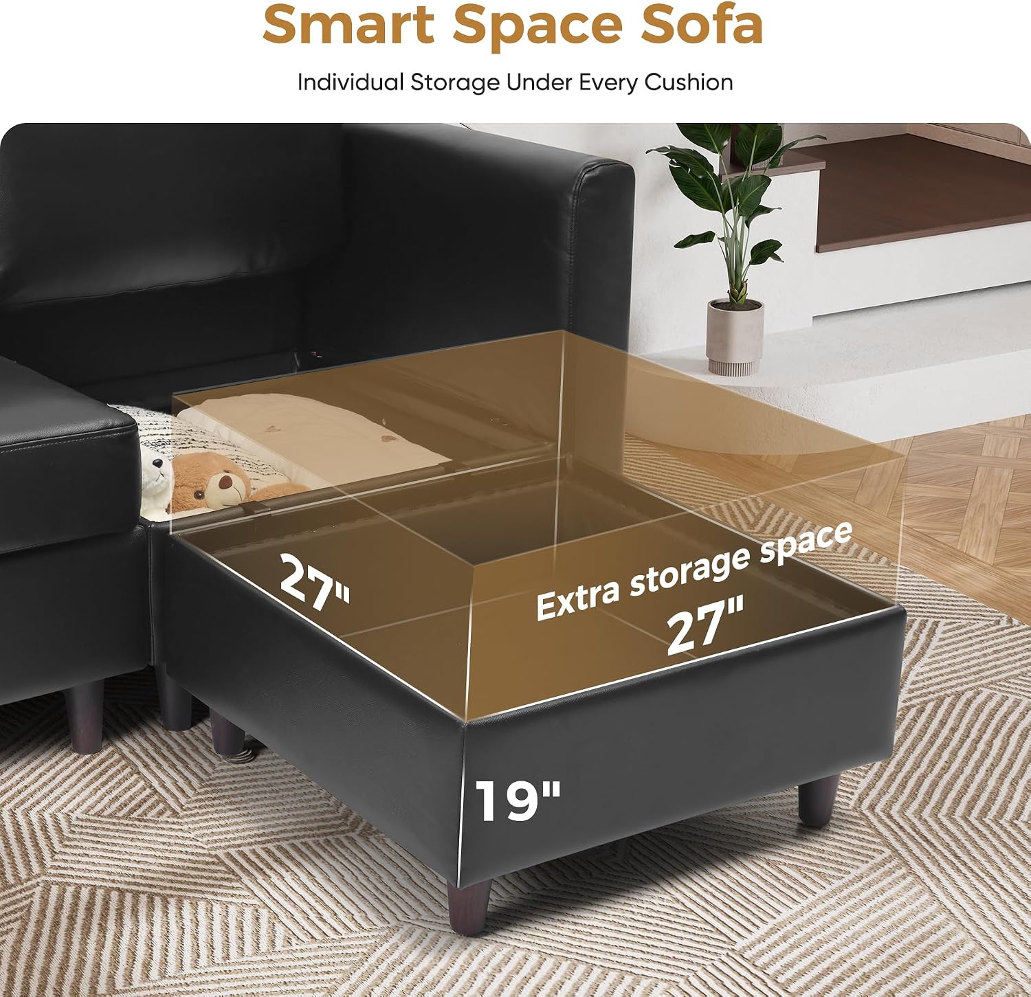 ABCASA Sofa Modular Sectional Faux Leather Sectional Sofa Module Black