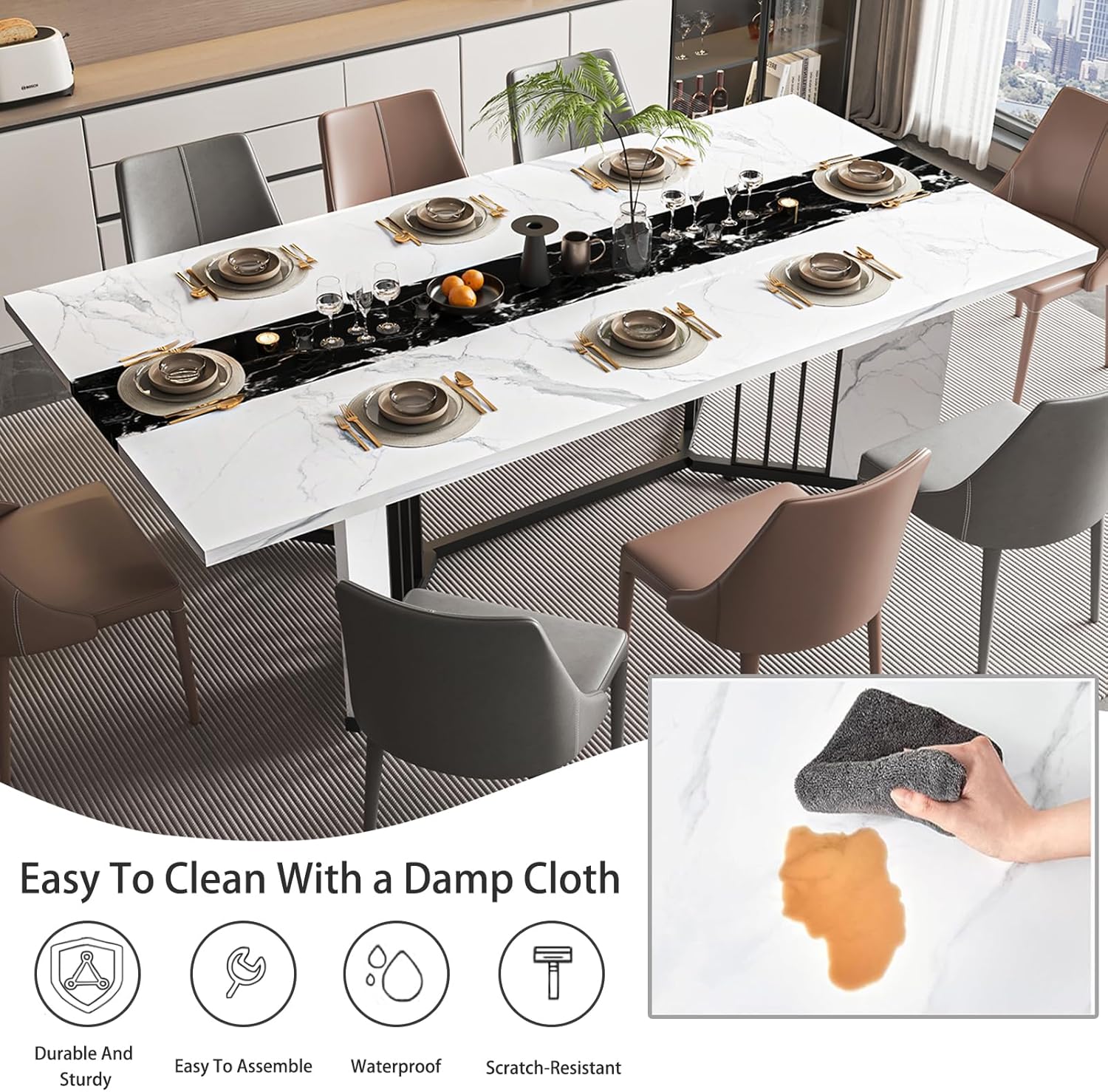JassmiPkwy 71 Inch Dining Table for 6 8 10 People, Rectangular Faux Marble Kitchen Dining Table Wooden, Modern Large Tabletop and Metal Adjustable Feet, White