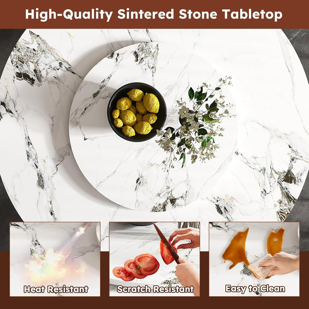 Modern Marble Dining Table, 59" Round Sintered Stone Table for Dining Room, Kitchen, Compact Space w/Stainless Steel Gold Base, Detachable Lazy Susan