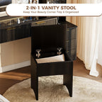 Garvee Vanity Desk with Lighted Mirror, Makeup Vanity with Charging Station, Glass Top Dressing Table with Cushioned Storage Stool for Bedroom, Black