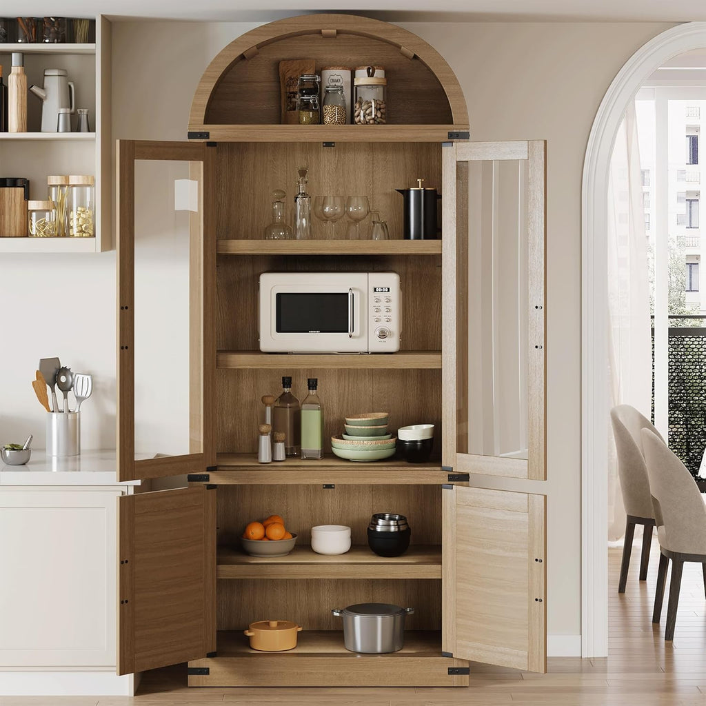 Kitchen Pantry Cabinet, Arched Bookcase with Doors, Wooden Display Cabinet with Storage Shelves, Farmhouse Bookcase for Living Room, Kitchen, Dining Room & Office