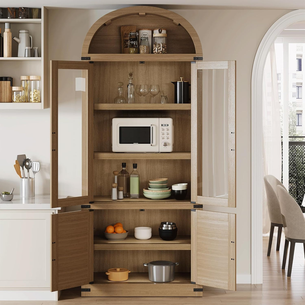 Kitchen Pantry Cabinet, Arched Bookcase with Doors, Wooden Display Cabinet with Storage Shelves, Farmhouse Bookcase for Living Room, Kitchen, Dining Room & Office