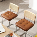 Zesthouse Natural Rattan Counter Stools Set of 2, 26" Modern Boho Barstools | Mid Century Modern Barstool with Cane Mesh & Chrome Base, Vintage Faux Leather Counter Height Chair for Kitchen Island, Brown