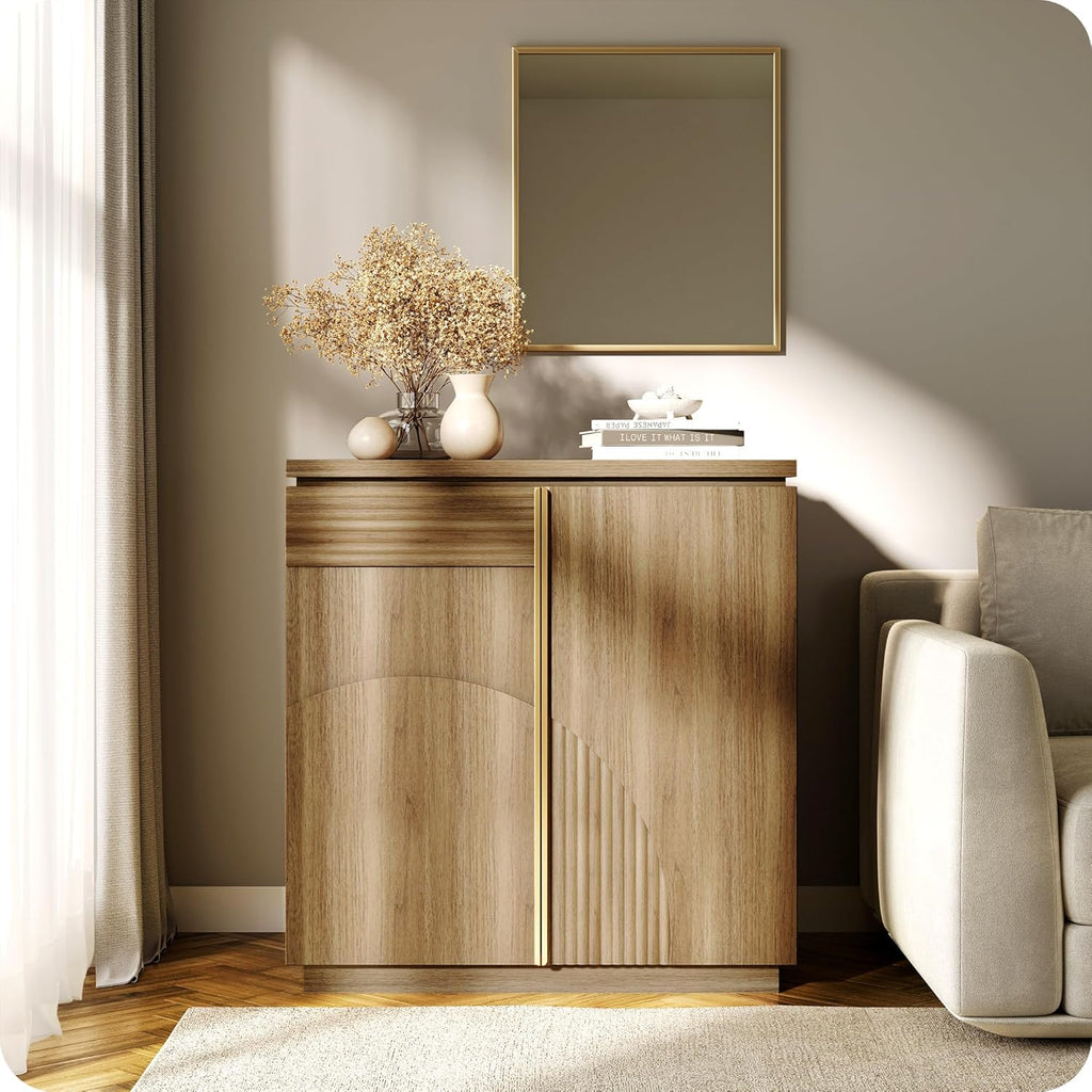 BELLEZE 94'' Mid Century Modern Sideboard Cabinet, Wood Arched Accent Buffet Cabinet with Storage, Credenza Console Table for Dining Room, Kitchen, and Living Room Hallway (Camel)