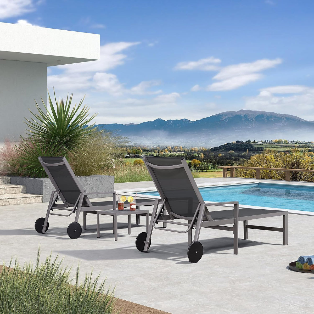 PURPLE LEAF Chaise Lounge Outdoor Set for 2 with Armrest, Grey | All-aluminum supportive armrests, effortless sitting & standing transitions, stylish design, ultimate outdoor leisure