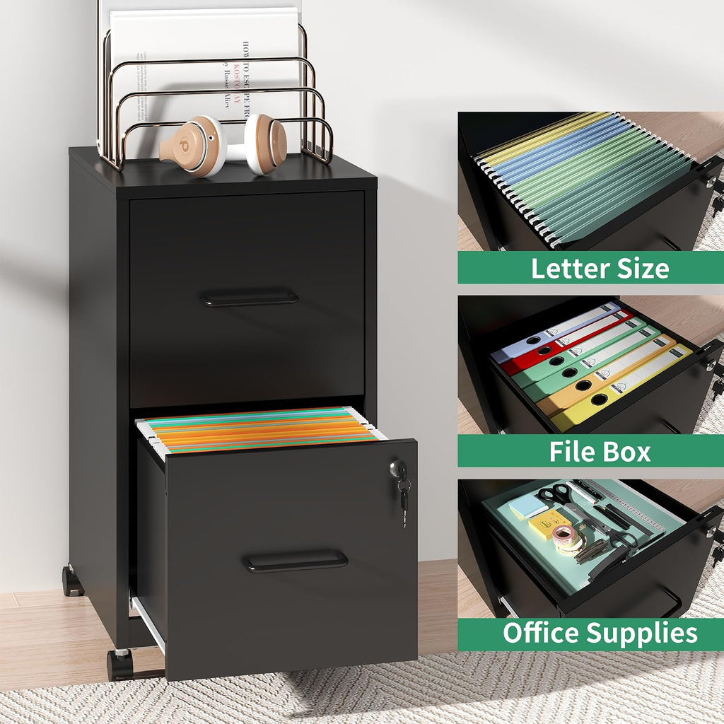 2-Drawer Mobile File Cabinet with Lock & Wheels,Under Desk File Cabinets for Home Office,Steel Rolling Cabinet for Legal/Letter Files(Black)