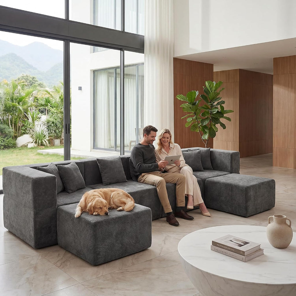 MONVANE U Shaped Sectional Couch Oversized, Chenille, Gray | 6-Seat Sectional Couch for Living Room, Modular Cloud Sofa with Ottoman & 6 Throw Pillows, No Assembly Required