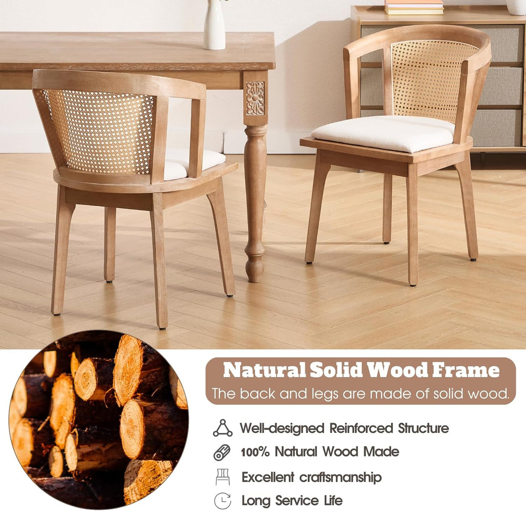 CIMOTA Mid-Century Modern Rattan Wood Dining Chairs Set of 4, Farmhouse Kitchen Chairs with Barrel Cane Backrest/Upholstered Seat/Natural Oak Finish for Dining Room/Cafe/Bistro, Linen Beige