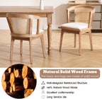 CIMOTA Mid-Century Modern Rattan Wood Dining Chairs Set of 4, Farmhouse Kitchen Chairs with Barrel Cane Backrest/Upholstered Seat/Natural Oak Finish for Dining Room/Cafe/Bistro, Linen Beige
