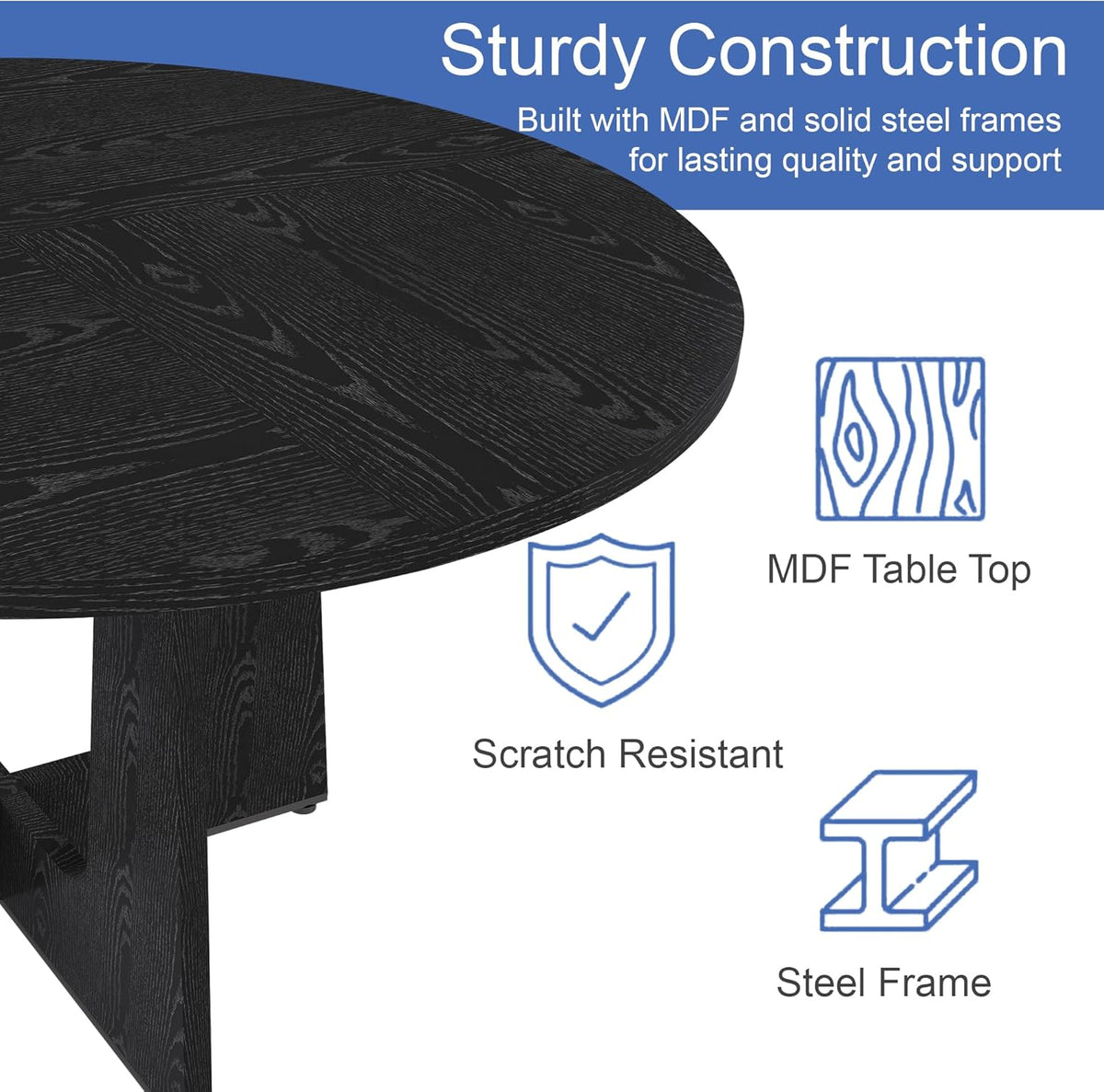 Round Farmhouse Dining Room Table for 6, 47" MDF Circle Kitchen Table with Wood Grain Finish, Wooden Kitchen and Dining Table for Dining Room, Kitchen, Living Room, Black