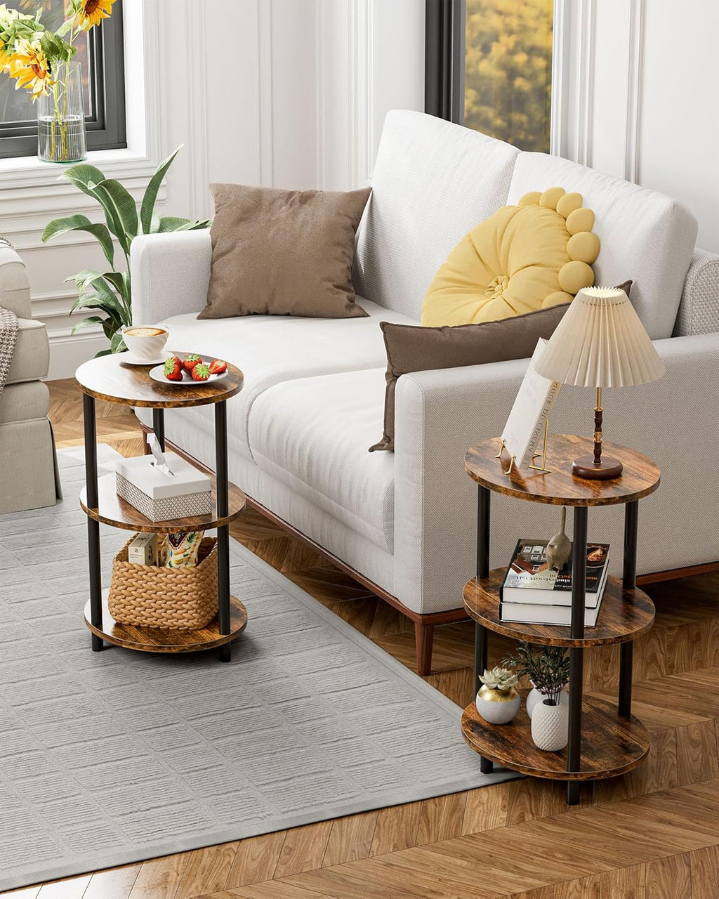 Round Small Side Table - 3 Tier Oval Accent Table for Small Spaces, Rustic Wood and Metal Couch End Table, Nightstand for Bedroom or End Table Living Room, Easy to Assemble, Rustic Brown