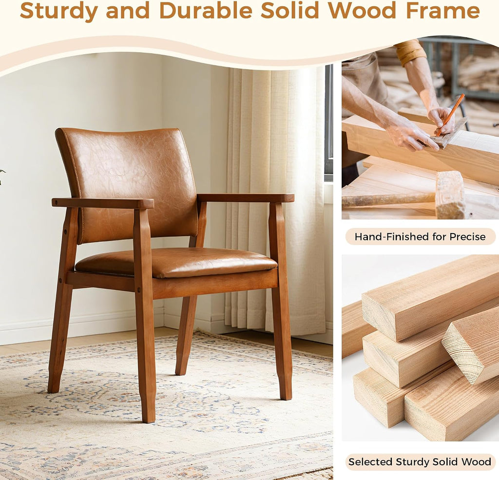 NOBPEINT Mid-Century Modern Dining Chairs with Armrest Set of 2, PU Leather Upholstered Dining Room Chairs with Solid Wood Frame, Walnut Kitchen Armchairs for Kitchen Living Room Restaurant, Brown