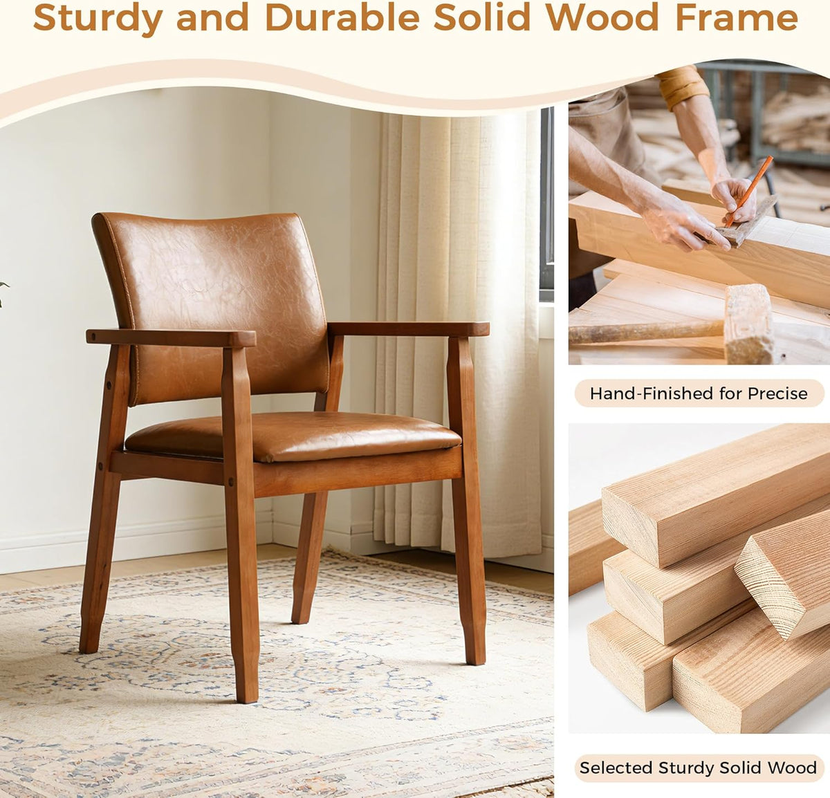 NOBPEINT Mid-Century Modern Dining Chairs with Armrest Set of 4, PU Leather Upholstered Dining Room Chairs with Solid Wood Frame, Walnut Kitchen Armchairs for Kitchen Living Room Restaurant, Brown