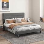 King Platform Bed Frame with Adjustable Linen Fabric Upholstered Headboard, Strong Slats Support, Noise-Free, No Box Spring Required, Easy Assembly for Bedroom Guest Room, Grey
