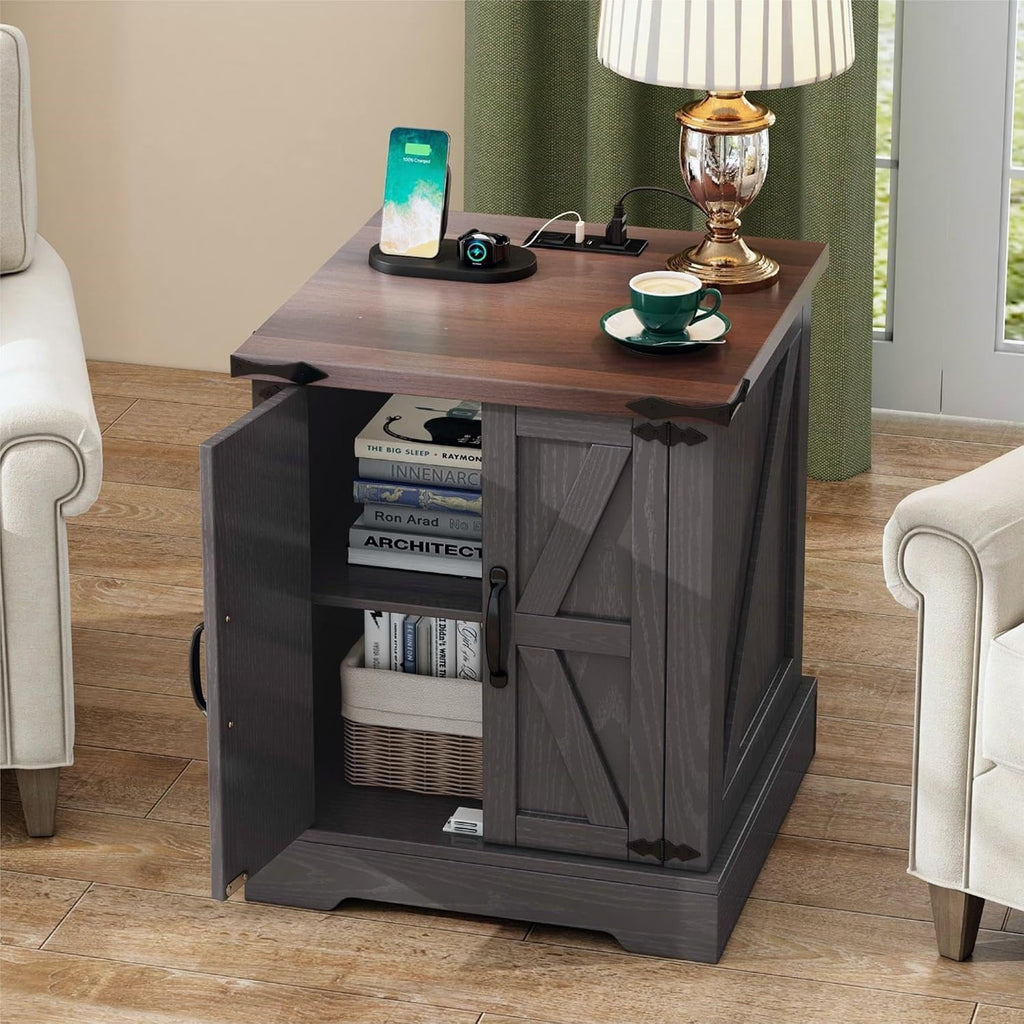 Merax Farmhouse End Table with Charging Station, Rustic Wood Nightstand with Adjustable Shelf, 19.6" W Versatile Walnut Sofa Side Table with Barn Doors & Retro Hinges for Bedroom, Living Room, Grey