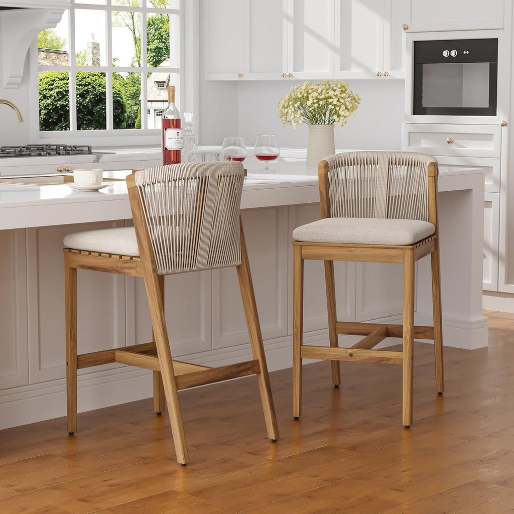 Christopher Knight Home Cuz Patio Barstool Set of 2, Outdoor Counter Height Stool with Sturdy Acacia Wood Frame and Rope Backrest, Bar Stool with Seat Cushion for Backyard Garden, Beige + Teak