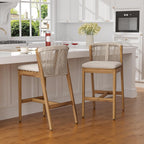 Christopher Knight Home Cuz Patio Barstool Set of 2, Outdoor Counter Height Stool with Sturdy Acacia Wood Frame and Rope Backrest, Bar Stool with Seat Cushion for Backyard Garden, Beige + Teak
