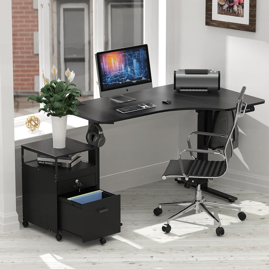 SHW Box File Rolling Mobile Cabinet with Lockable Drawer, Black | Open Shelf for easy access