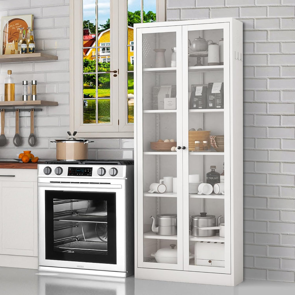 Kitchen Pantry Cabinet, 72" H Storage Cabinet with Glass Doors and Adjustable Shelves, Spacious Cupboard with Round Handles, Metal Kitchen Cabinet for Dining Room, Living Room, White