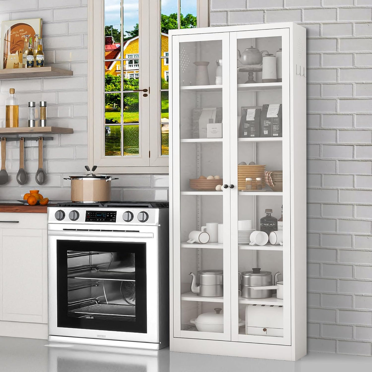 Kitchen Pantry Cabinet, 72" H Storage Cabinet with Glass Doors and Adjustable Shelves, Spacious Cupboard with Round Handles, Metal Kitchen Cabinet for Dining Room, Living Room, White