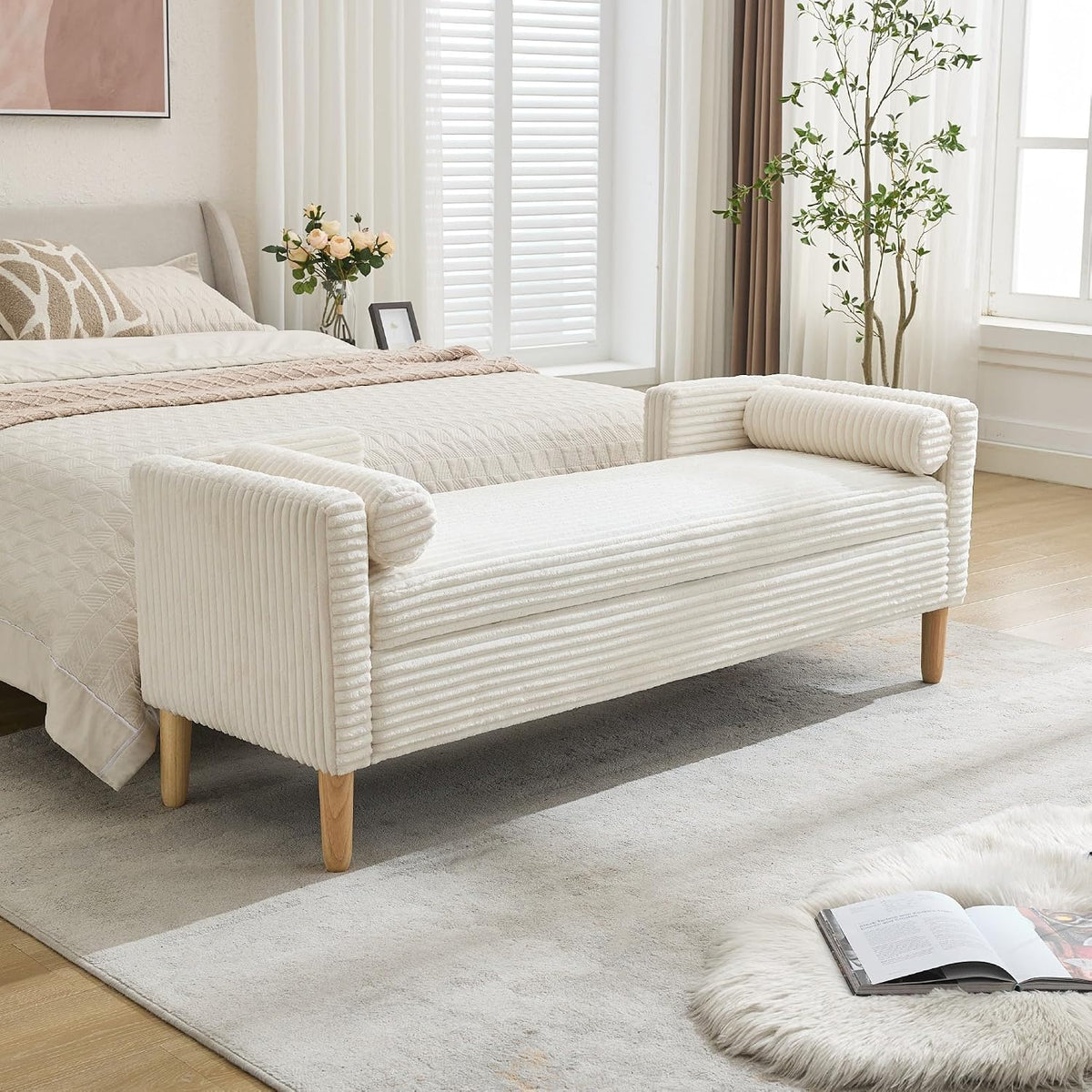 Chifee & Vingol 65.35" W Ottoman with Storage Bench for Bedroom End of Bed with Removable Pillows Upholstered Storage Ottoman Bench for Bedroom Living Room Hallway,Ivory