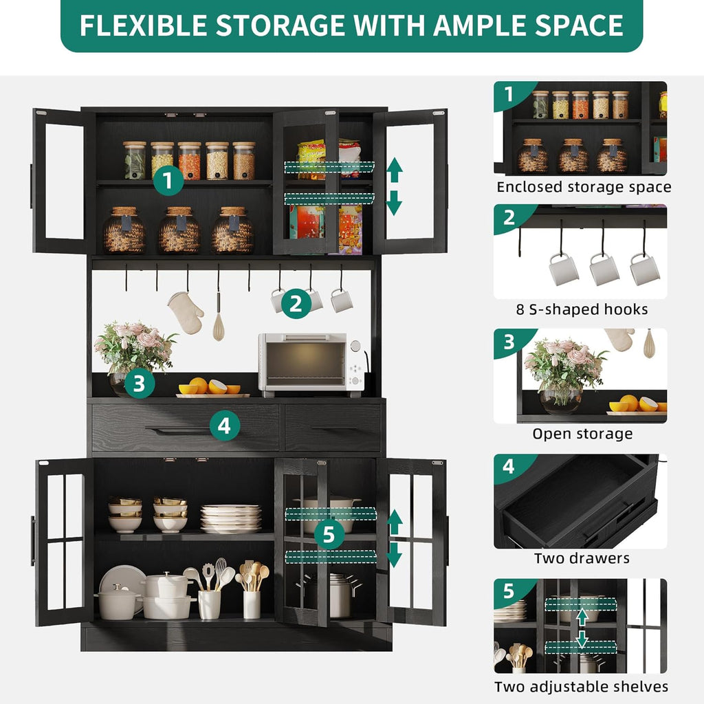 YITAHOME 71'' Kitchen Pantry Storage Cabinet with Microwave Stand, Tall Freestanding Hutch Cabinet with Power Outlet, Pantry Cabinets with Buffet Cupboard, Drawers and Acrylic Doors for Home, Black | Tall Freestanding Hutch Cabinet with Power Outlet