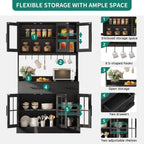 YITAHOME 71" Tall Kitchen Pantry Cabinet with Microwave Stand & Built-in Power Outlet, Buffet Cupboard with Acrylic Doors, Drawers and 8 Hanging Hooks for Kitchen, Dining Room, Living Room, Black Oak