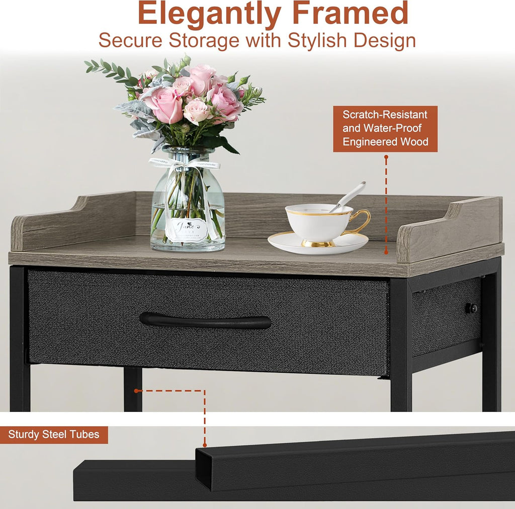 Tall Side Table with Drawer and Shelves, Narrow End Table with Optional Wheels, 4-Tier Small Side Table, 30" High for Living Room, Bedroom, Bathroom, Black & Grey