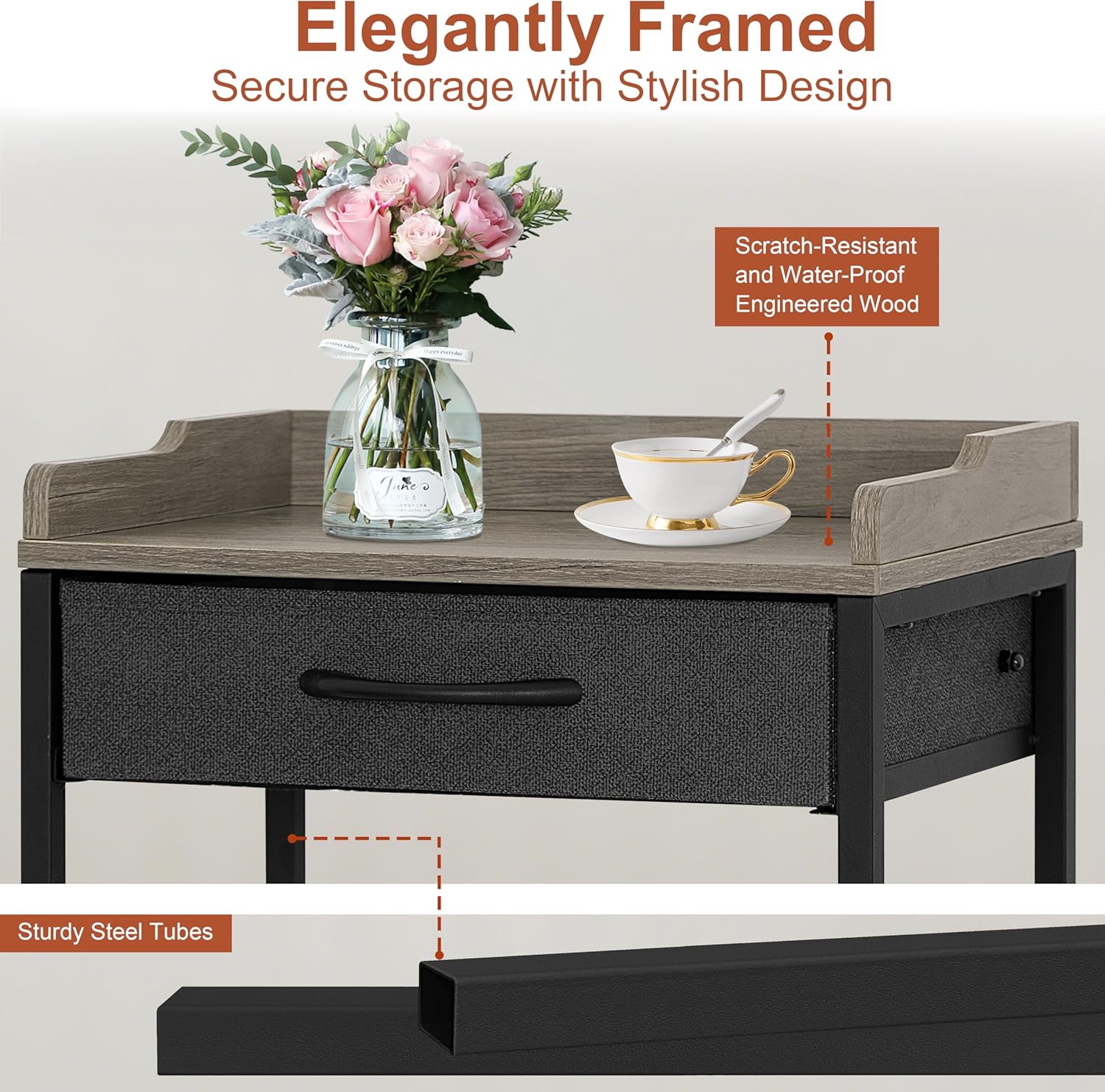 Tall Side Table with Drawer and Shelves, Narrow End Table with Optional Wheels, 4-Tier Small Side Table, 30" High for Living Room, Bedroom, Bathroom, Black & Grey