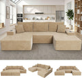 KCGKCG 106" Cloud Modular Sectional Couch with Ottoman, Modern U Shaped Corduroy Sofa, Higher 17.7" Seat Height, 32D Pure Foam, Built in Cup Holders, No Assembly Living Room(Camel, Left Facing Chaise)
