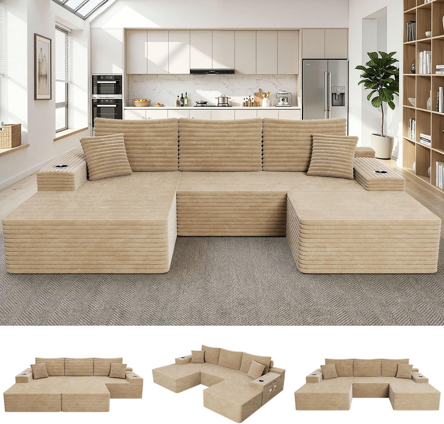 KCGKCG 106" Cloud Modular Sectional Couch with Ottoman, Modern U Shaped Corduroy Sofa, Higher 17.7" Seat Height, 32D Pure Foam, Built in Cup Holders, No Assembly Living Room(Camel, Left Facing Chaise)